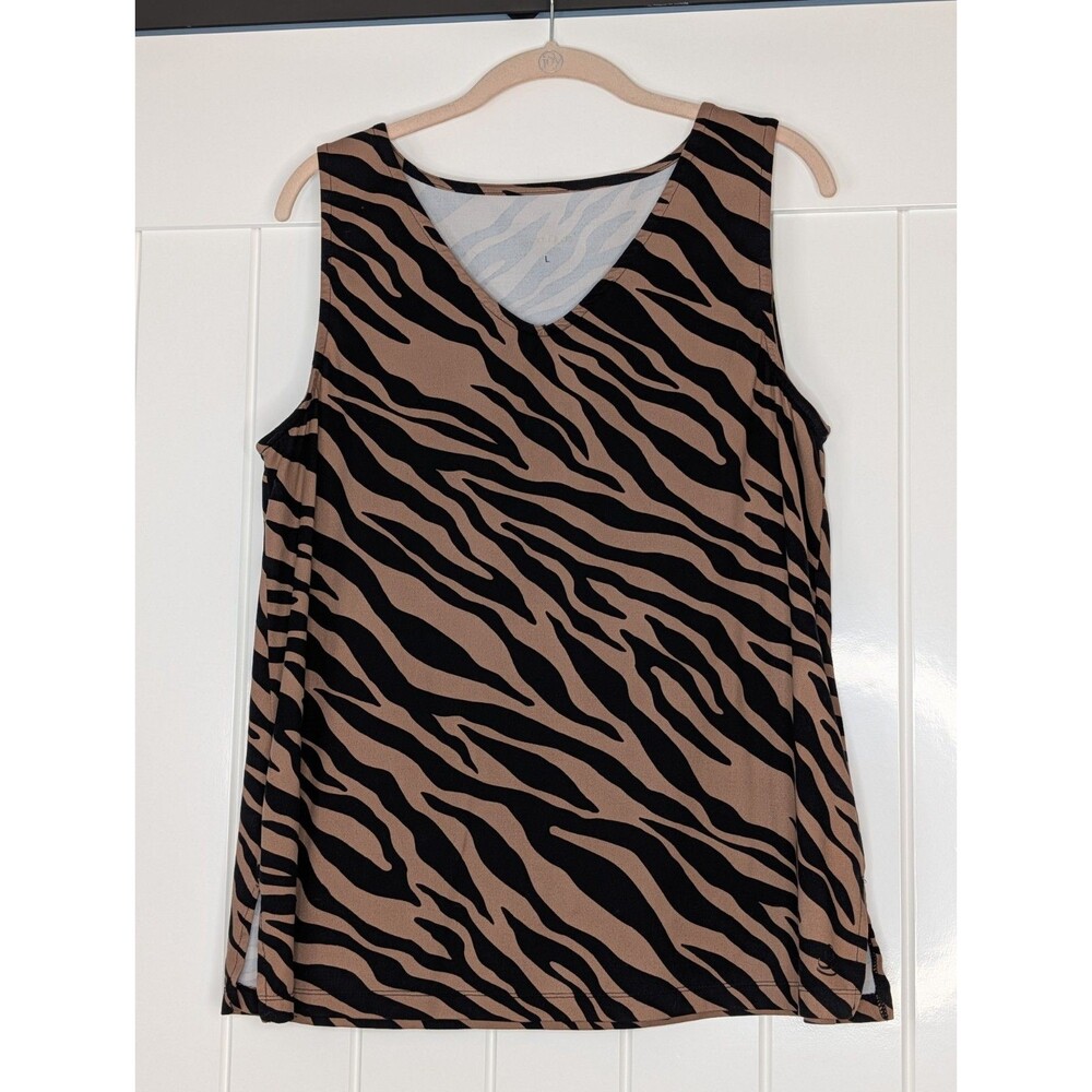 Cuddl Duds V-Neck Sleeveless Top - Brown Animal Print, Zebra, Large, EUC